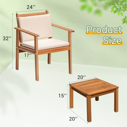 Greesum Outdoor Patio Furniture, 3 Piece Bistro Sofa Set with 1 Coffee Table and 2 Chairs, Acacia Wood Conversation Sets with Cushions, for Garden, Backyard, Poolside, White