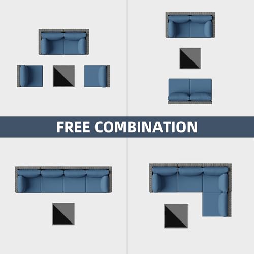 SUNLEI Outdoor Patio Furniture Set 5 Pcs, Rattan Balcony Furniture with Backrest Glass Table & Washable Cushions Small Conversation Patio Set with Sectional Design (Silver/Navy Blue)