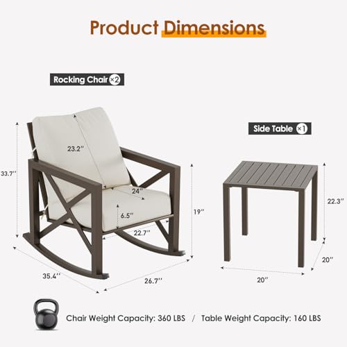 VONZOY Outdoor Rocking Bistro Set, Patio Rocking Chairs Set of 2 with Coffee Table, 3 Pieces Metal Conversation Sets with 6.5" Thick Cushions for Backyard, Porch, Poolside, Oversized (Beige)