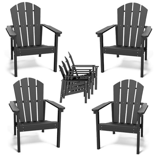 FOLAWO Adirondack Chair Set of 4, All Weather HDPE Fire Pit Chairs, Oversized Plastic Adirondack Chair for Outdoor, Balcony, Deck, Backyard, Patio, Garden, Poolside, Lawn Black