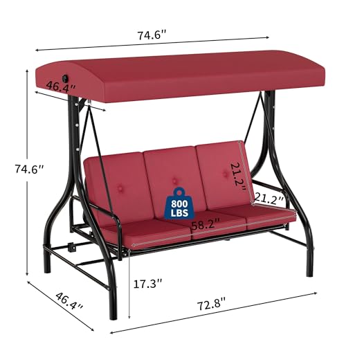 IDEALHOUSE Porch Swing with Stand, 3 Seat Outdoor Patio Swing, 2-in-1 Convertible Swing Bed, Stepless Adjustable UV Resistant Waterproof Canopy, 800 Lbs Capacity, Cushioned Swing for Garden Backyard