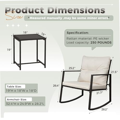 SUNCROWN 3 Piece Outdoor Rocking Bistro Set Black Wicker Furniture Porch Chairs Conversation Sets with Glass Coffee Table, Beige