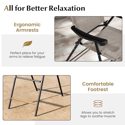 COSTWAY 2 Pieces Patio Folding Bar Chairs, High Top Patio Bar Chair with Metal Frame & Footrest, Outdoor Counter Height Chairs for Balcony, Garden & Poolside, Coffee (1, Coffee)