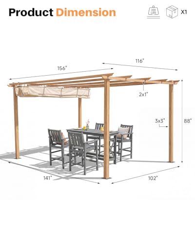 SEEHILL 10' X 13' Outdoor Pergola with Retractable Canopy, Wood-Grain Aluminum Outdoor Retractable Pergola Canopy with Sun Shade Shelter, Modern Yard Grape Trellis Pergola for Deck Garden Lawn, Beige
