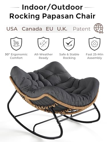 SWITTE Outdoor Papasan Rocking Chair, Oversized Patio Egg Chair with Thick Cushion, Indoor Wicker Lounge Rocker Bed for Balcony, Porch, Garden, Gray