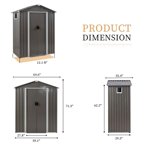 Vongrasig 5 x 3 x 6 FT Outdoor Storage Shed, Metal Tool Shed Clearance Garden Steel Shed with Side Window and Lockable Door Waterproof Tool Shed for Backyard Patio, Lawn (Gray)