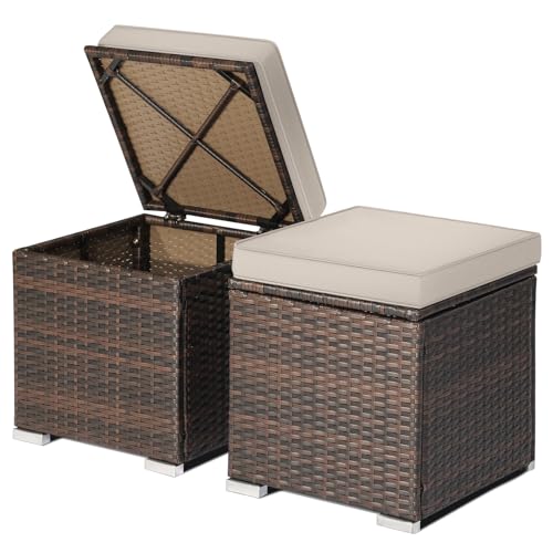 DORTALA Outdoor Storage Ottoman Wicker 2 Piece, Patio Ottomans PE Rattan Foot Rest Footstool with Cushions for Couch, Chair, Beige