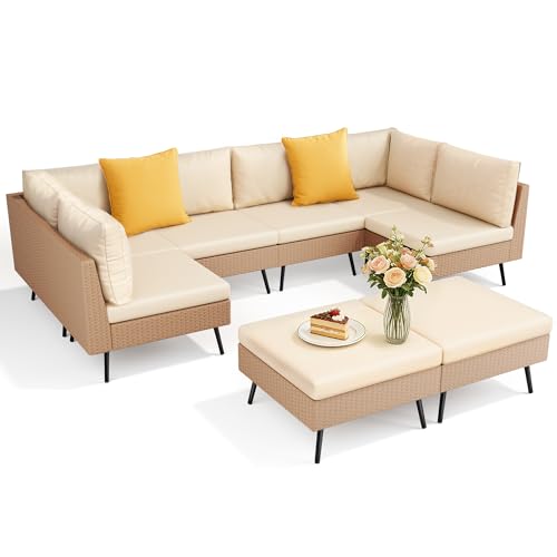 Pamapic 8-Piece Wicker Outdoor Furniture Set, All-Weather Patio Conversation Set with Thick Cushions & 2 Multi-Use Ottomans, Sectional Sofa Patio Furniture Set for Backyard, Porch, Beige