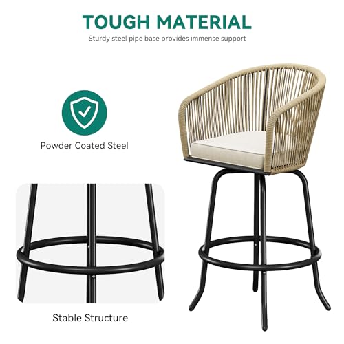 YITAHOME Counter Height Bar Stools Set of 2, Outdoor Bar Stools with Soft Cushions, Patio Rattan Swivel Bar Chairs for Backyard Poolside, Garden w /360 Rotation (Beige)