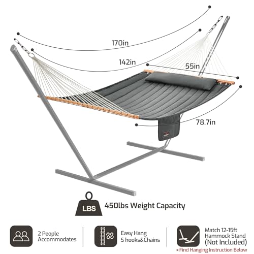 CHULIM Double Quilted Fabric Hammock with Hardwood Spreader Bars and Pillow 450 LBS Capacity 2 Person Large Hammock for Outdoor Patio Backyard Poolside - Dark Grey