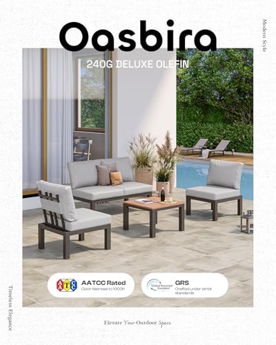 Oasbira Aluminum Modular Outdoor Patio Furniture Set, 6 Seats Sectional Sofa Set with Adjustable Backrest & Thick Cushions, All-Weather L-Shaped Corner Set with Table for Garden & Yard, Gray