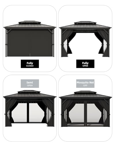 GarveeLife 12 ft x14 ft Hardtop Gazebo for All Weather, with Double Metal Roof, Aluminum Alloy Frame, Net, and Curtain, Permanent Building for Patio, Deck, Backyard, Lawn, and Garden, Gray