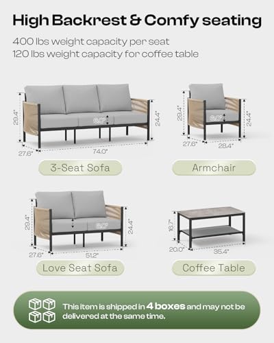 Oasbira Aluminum Outdoor Patio Couch Loveseat, HDPE Rope Patio Sofa with Washable Thick Cushion, All-Weather Patio Furniture for Balcony, Yard, Gray Frame, Gray