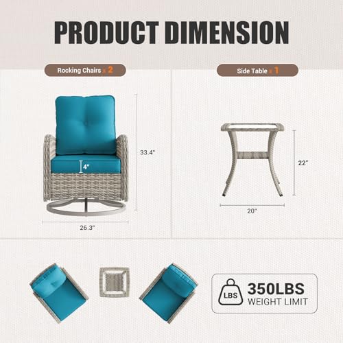 Muphyers 15-Piece Outdoor Patio Furniture Set with Rocking Swivel Chair Wicker Sectional Sofa Set, Patio Conversation Set with Thickened Cushions & Coffee Table for Garden, Backyard, Turquoise