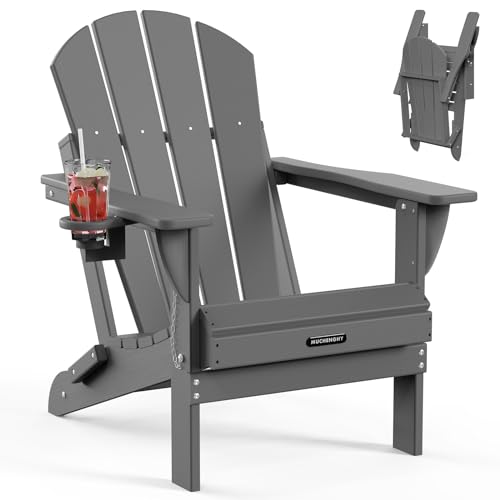 MUCHENGHY Folding Adirondack Chairs, Patio Chairs, Lawn Chairs, Outdoor Chair, Adirondack Chair Plastic, Fire Pit, Weather Resistant with Cup Holder for Deck, Backyard, Garden(Gray)