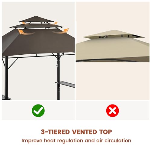 Yaheetech 8x5' Grill Gazebo, 3-Tier Outdoor BBQ Gazebo with Height-Adjustable Shelves & 10 S-Shaped Hooks & Built-in Bottle Opener, Brown