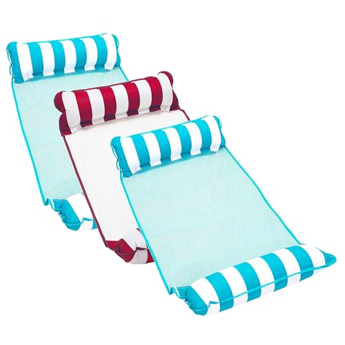 Aqua Monterey Hammock Pool Float - Three Pack - Two Light Blue & One Burgundy/White Stripe, 3-Pack