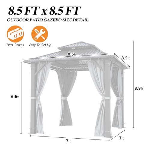 GARTOO 8.5x8.5FT Outdoor Hardtop Gazebo with Double Roof - Aluminum Heavy-Duty Steel Top Gazebo with Breathable Netting & Privacy Curtain for Patio, Porch, Garden, Lawn, Deck, Backyard