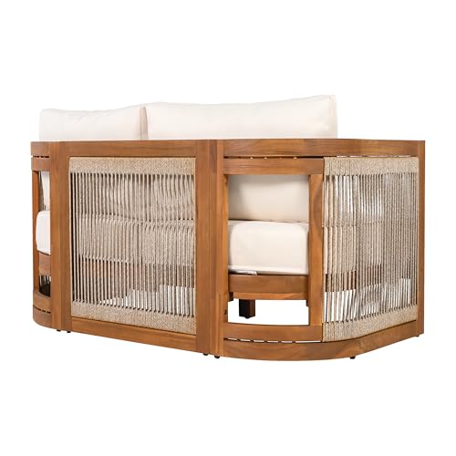 Christopher Knight Home Nesbit 8-Seater Patio Furniture Set with Removable Cushion, 8 Piece Outdoor Acacia Wood Conversation Set, Wooden Outdoor Sectional Sofa Set with Coffee Table, Beige