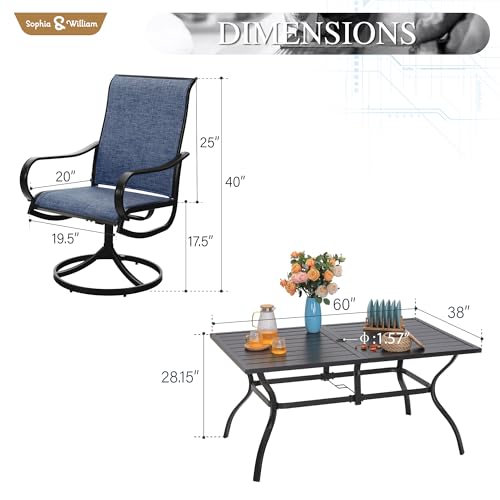 Sophia & William Outdoor Dining Set Patio Dining Set for 6 Outdoor Table and Chairs 7 Pieces Outdoor Patio Set with Swivel Patio Chairs 60"x 38" Metal Table for Garden Pool All Weather Blue