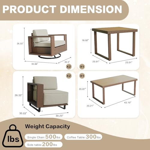 XTWEEX 6 Pieces Outdoor Patio Furniture Set, Rocker Chairs and Sofa with 10 inch Thick Cushions and Steel Frame and Wooden Board, PE Rattan Weaving Outdoor Conversation Set Brown/Light Gray Linen