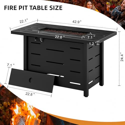 43 Inch Propane Fire Pit Table for Patio & Backyard, 50,000 BTU Steel Gas Fire Pit with Lid & Lava Rocks, Outdoor Table Heater for Deck, Garden, Smokeless Flame
