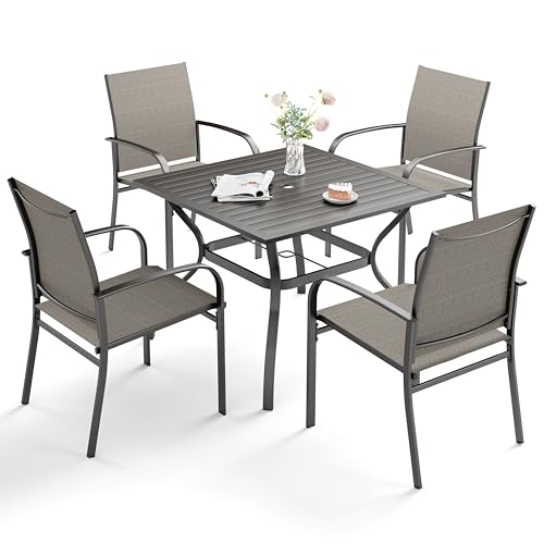 SUNSHINE VALLEY 5 Piece Patio Dining Set for 4, 37”x37” Square Table with Umbrella Hole, 4 Metal Brown Chairs, Outdoor Table and Chairs Set for Lawn Backyard and Deck