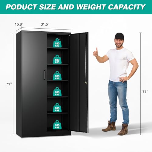 SISESOL Metal Storage Cabinet with 2 Doors and 6 Shelves,Black Metal Cabinet with Lock,71" Lockable Garage Storage Cabinets,Locking File Cabinet,Steel Tool Cabinets for Home,Office,Garage,Shop,School