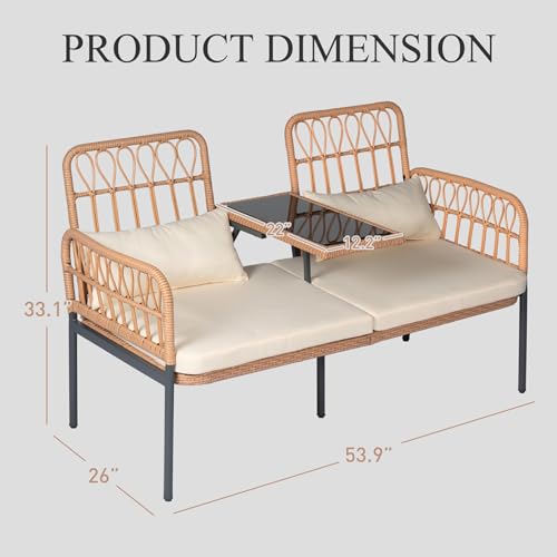 PROHIKER ROHIKER Outdoor Patio Loveseat Rattan Loveseat 2-Seat Furniture with Built-in Table, Lumbar Pillows and Cushions, All-Weather Small Patio Couch for Balcony, Lawn, Backyard