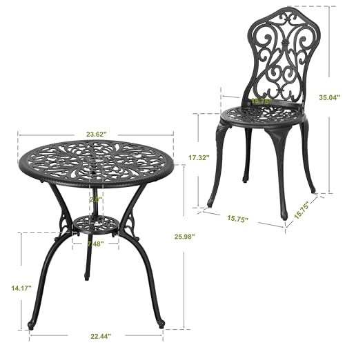 NUU GARDEN 3 Pieces Patio Bistro Set, Outdoor Bistro Set with 2 Chairs, Round Table with Umbrella Hole, All-Weather Outdoor Patio Bistro Set for Garden, Lawn, Poolside, Porch, Black