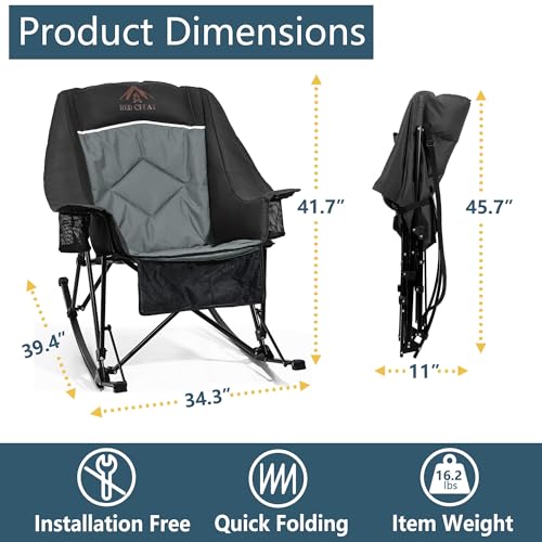 RED CREAT 400lbs Rocking Camping Chair, Oversized Heavy Duty XL Folding Rocker for Adults, Padded High Back Big & Tall Support, with Cup Holders & Carry Bag for RV, Lawn, Patio & Sports