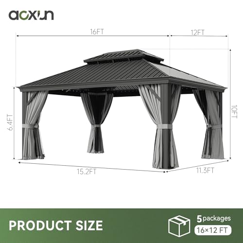 Aoxun 12' x 16' Permanent Hardtop Gazebo with Galvanized Steel Double Roof and Aluminum Frames Outdoor Large Pavilion Gazebo for Patio Deck Garden, Nettings and Curtains Included, Gray