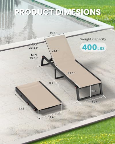 Oasbira Aluminum Chaise Lounge Chair Outdoor, Foldable& No Assembly Patio Pool Lounge Chairs 5-Position Recliner for Outside, Fully Grounded Legs Sun Lounger for Poolside, Khaki