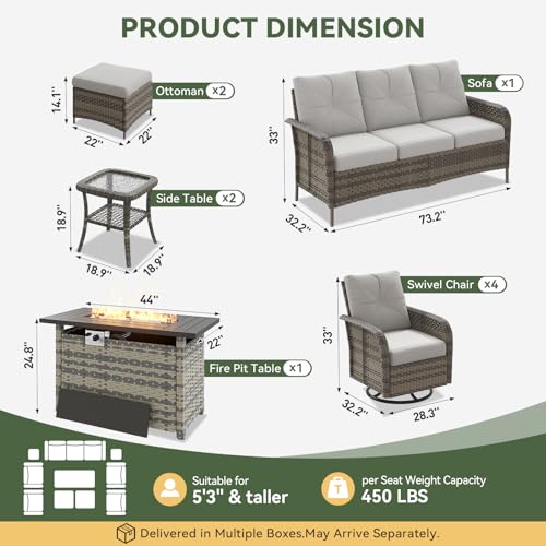 Aoxun 10-Piece Patio Furniture Set with 44” Fire Pit Table, Wicker Rattan Outdoor Sectional Sofa with High Back Swivel Rocker Chairs, Outdoor Patio Furniture Set with Thick Cushions & Ottoman, Grey