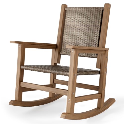 RICNOD HDPE Rocking Chair Outdoor 1 PCS, Wicker Rocking Chair for Patio, Woven Seat & Back, All Weather Rocking Chair for Front Porch, Garden, Lawn and Balcony (Brown)
