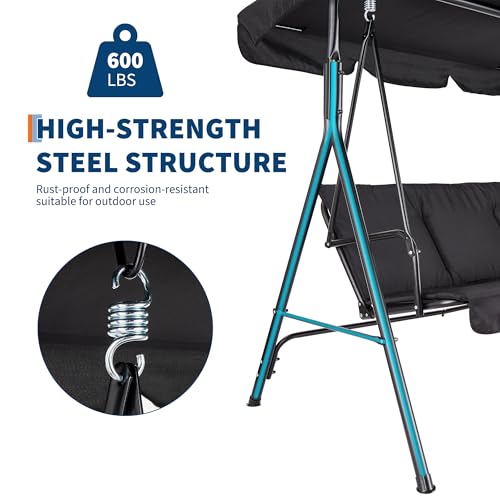 3-Seat Outdoor Patio Porch Swing with Stand, Adjustable Canopy & Thick Waterproof Cushions, Steel Frame Swing Outdoor Chair for Backyard, Front Porch, Lawn, Garden