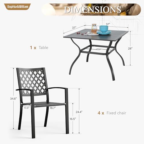 Sophia & William Patio Table and Chairs Set, Outdoor Dining Set for 4, 5 Piece Metal Patio Furniture, 37" Black Square Table(Diamond)