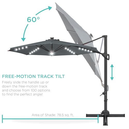 Best Choice Products 10ft Solar LED Cantilever Patio Umbrella, 360-Degree Rotation Hanging Offset Market Outdoor Sun Shade for Backyard, Deck, Poolside w/Lights, Easy Tilt, Cross Base - Slate