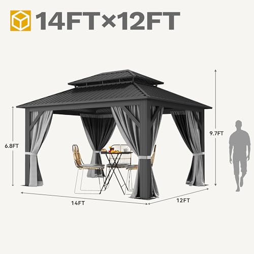 DWVO 12x14ft Hardtop Gazebo Double Roof with Nettings and Curtains, Heavy Duty Galvanized Steel Outdoor Roof for Patio, Backyard, Deck, Lawns, Gray