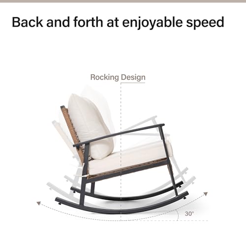 EO Living 3 Piece Rocking Patio Bistro Set, Outdoor Bistro Sets Wicker Patio Furniture Rocking Chairs Sectional Couch and 2-Tier Coffee Table for Garden, Balcony, Backyard (Beige)