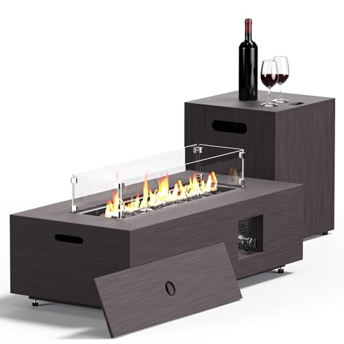 Jocoevol 42in Fire Pit Table Propane Fire Pit 2 Piece Rectangular Gas Fire Pits 50,000 BTU with Wind Guard Propane Tank Cover Table Lava Rocks for Outdoor Outside Patio