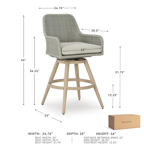 Signature Design by Ashley Seton Creek Casual Nuvella Weather Resistant Fabric, Resin Wicker Swivel Outdoor Bar Height Bar Stool with Cushion, Footrest and Armrest, Set of 2, Beige & Light Gray