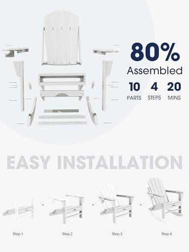 KINGYES Adirondack Rocking Chair Set of 2 with Retractable Ottoman and Cup Holders, HDPE Adirondack Rocker Patio Rocking Chair for Porch, Patio, Balcony, White