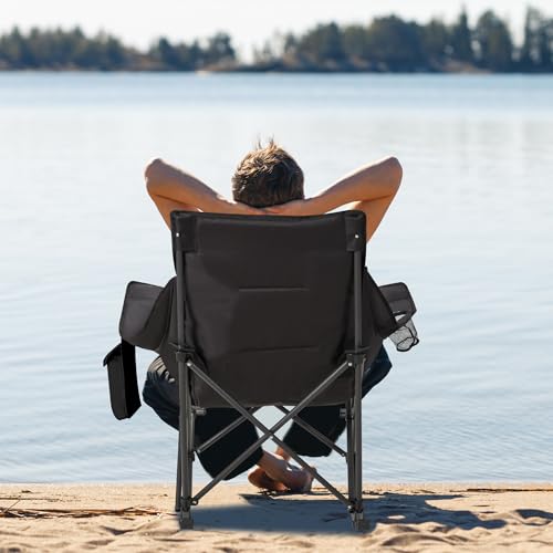 Unisakey Oversized Rocking Camping Chair with Headrest & Cup Holder - 400lbs Capacity, 600D Oxford Fabric, Easy Fold Portable Outdoor Rocker Chair for Camping, Backyard, Beach, Light Gray