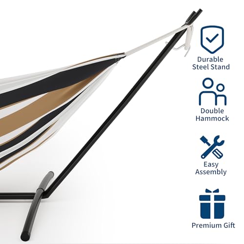Double Hammock with Steel Stand - 2 Person Hammock Bed Indoor Outdoor, Brazilian-Style, with Carry Bag, 450lb Capacity, Portable & Easy Assembly, Coffee
