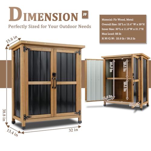 PetsCosset Weatherproof Outdoor Storage Cabinet with Lockable Doors, Wood & Metal Garden Storage Shed Patio Storage Box for Tools & Lawn Equipment, Pool Accessories