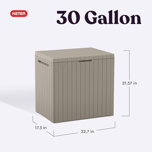 Keter City 30 Gallon Resin Outdoor Storage Box and Patio Furniture Side Table for Pool and Garden Accessories, Beige