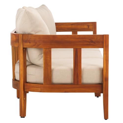 SAFAVIEH Outdoor - Owen 3-Seat Sofa - Natural & Taupe - Solid Wood with Cushion - Mid-Century Coastal Slatted Design - Ideal for Patio, Deck, Porch, Backyard, 15" Seat Height (PAT7091A)