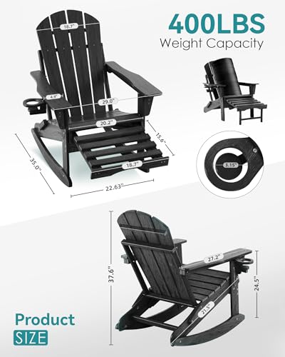 Serique Adjustable Adirondack Rocking Chair with Retractable Ottoman, 4-in-1 Multifunctional Folding Patio Chair with Cup Holder, Outdoor Chair Wood Texture for Lawn, Porch, Backyard, Pool(Black)