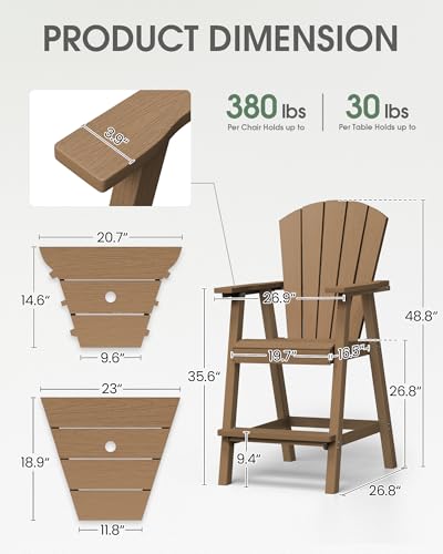 SUUNYN Tall Adirondack Chairs Set of 2, HDPE High Adirondack Chairs with Double Removable Trays, All Weather Outdoor Barstools for Patio, Balcony, Backyard, Deck and Garden, Teak